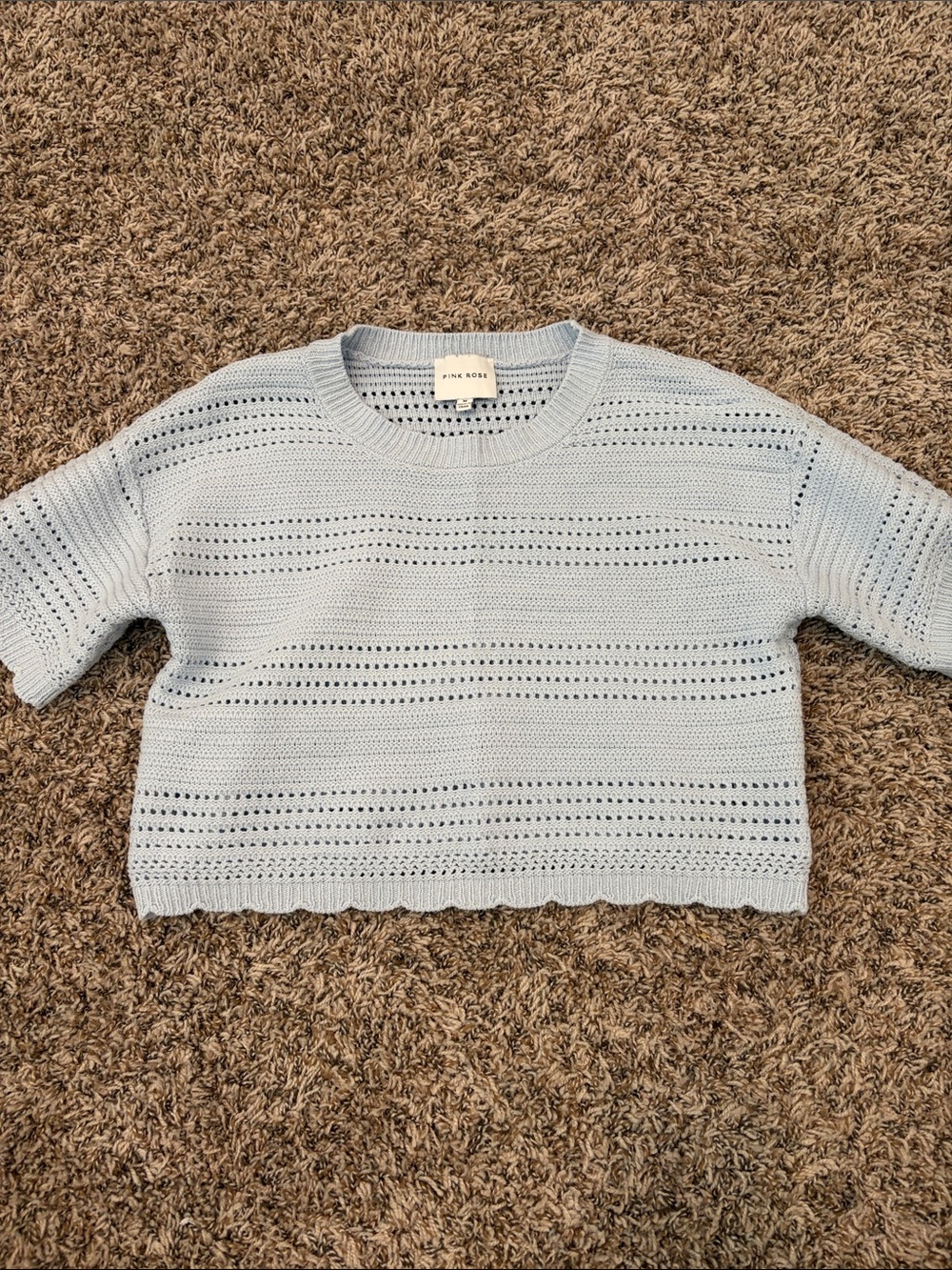 Pink Rose Pale Blue Open-Weave Cropped Crewneck Sweater